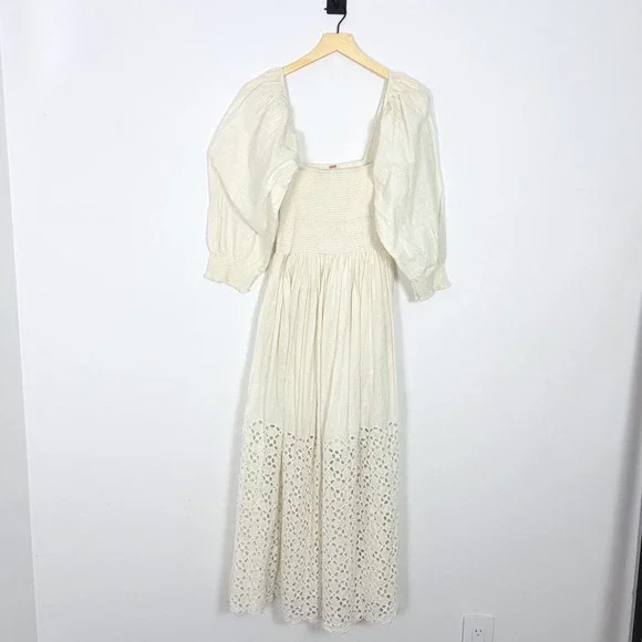 Free People Perfect Storm Midi Dress Ivory Lace Eyelet Smocked Puff Sleeve Small - Picture 2 of 7